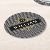 黒エレガント金ゴールドグレーグレンプレッドモノグラム ラウンドペーパーコースター (アングル)