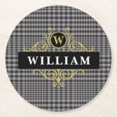 黒エレガント金ゴールドグレーグレンプレッドモノグラム ラウンドペーパーコースター (正面)