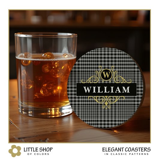 黒エレガント金ゴールドグレーグレンプレッドモノグラム ラウンドペーパーコースター