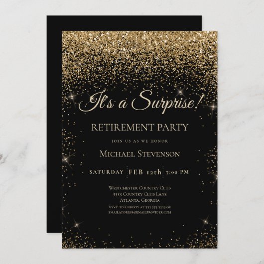 黒エレガント金ゴールドサプライズ退職パーティー 招待状 (正面/裏面)