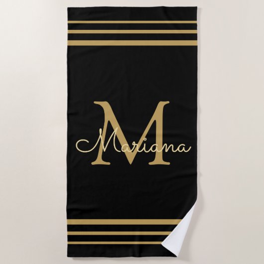 黒エレガント金ゴールドシパーソナライズされたックビーチタオル ビーチタオル (正面)