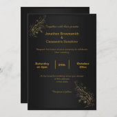 黒エレガント金ゴールドシンプルリーフブラック逆向き 招待状 (正面/裏面)