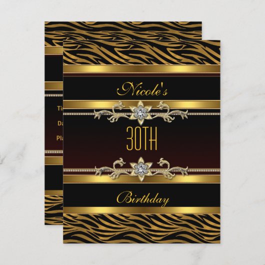 黒エレガント金ゴールドジュエル30歳の誕生日招待状 招待状 (正面/裏面)