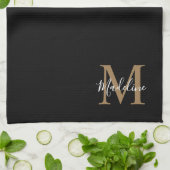 黒エレガント金ゴールドスクリプトタイポグラフィモノグラム キッチンタオル (折り畳み)