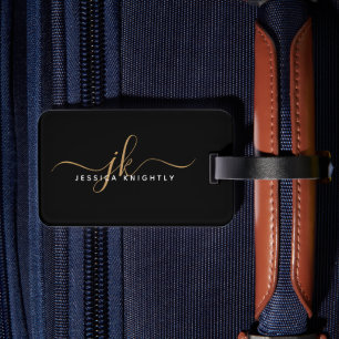 黒エレガント金ゴールドスクリプトモノグラム名シンプル ラゲッジタグ