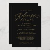 黒エレガント金ゴールドスクリプ結婚トのリハーサル 招待状 (正面/裏面)