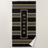 黒エレガント金ゴールドストライプメンパーソナライズされたズ ビーチタオル (正面)