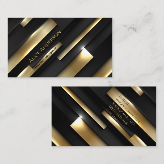 黒エレガント金ゴールドストライプ角ユニーク文字 名刺 (正面/裏面)