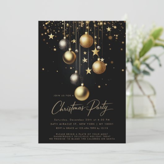 黒エレガント金ゴールドスパークルバウブルクリスマスパーティー 招待状 (スタンド正面)