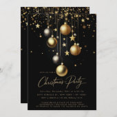 黒エレガント金ゴールドスパークルバウブルクリスマスパーティー 招待状 (正面/裏面)