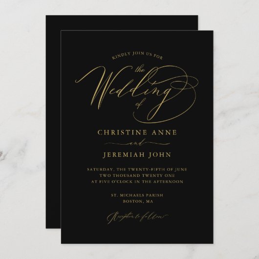 黒エレガント金ゴールドスモダンクリプ結婚トの起動 招待状 (正面/裏面)