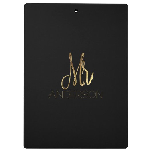 黒エレガント金ゴールドタイポグラフィ氏ファミリー名 クリップボード (裏面)