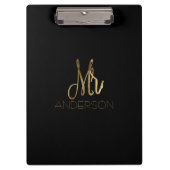 黒エレガント金ゴールドタイポグラフィ氏ファミリー名 クリップボード (正面)