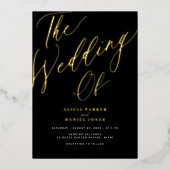 黒エレガント金ゴールドタイポグラフィ結婚 箔招待状 (正面)