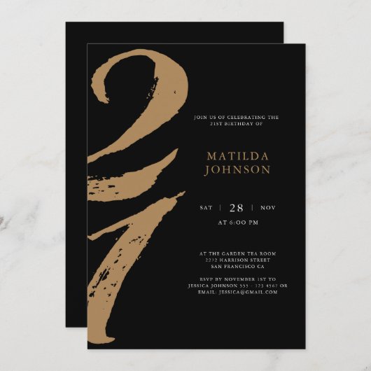 黒エレガント金ゴールドタイポグラフィ21歳 招待状 (正面/裏面)