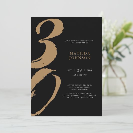 黒エレガント金ゴールドタイポグラフィ30歳の誕生日 招待状 (スタンド正面)