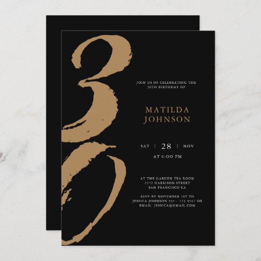 黒エレガント金ゴールドタイポグラフィ30歳の誕生日 招待状 (正面/裏面)