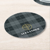 黒エレガント金ゴールドタータンチェックプレイドモノグラム ラウンドペーパーコースター (アングル)