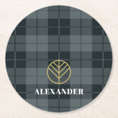 黒エレガント金ゴールドタータンチェックプレイドモノグラム ラウンドペーパーコースター (正面)