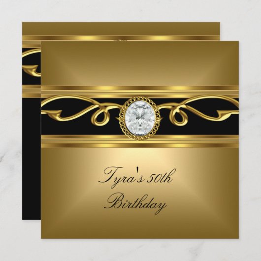 黒エレガント金ゴールドダイヤモンドジュエル50誕生日 招待状 (正面/裏面)