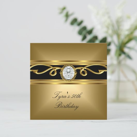 黒エレガント金ゴールドダイヤモンドジュエル50誕生日 招待状 (スタンド正面)