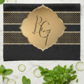 黒エレガント金ゴールドダイヤモンド形状モノグラムイニシャル キッチンタオル (折り畳み)