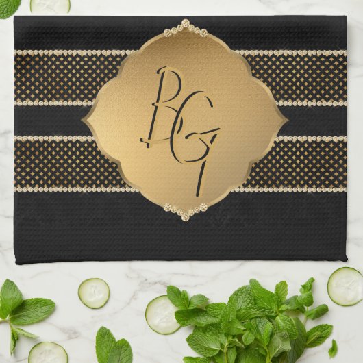 黒エレガント金ゴールドダイヤモンド形状モノグラムイニシャル キッチンタオル (折り畳み)