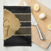 黒エレガント金ゴールドダイヤモンド形状モノグラムイニシャル キッチンタオル (四つ折り)