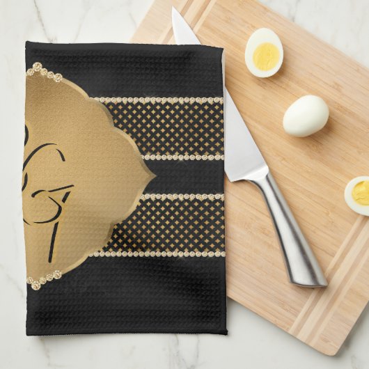 黒エレガント金ゴールドダイヤモンド形状モノグラムイニシャル キッチンタオル (四つ折り)