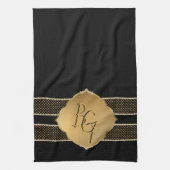 黒エレガント金ゴールドダイヤモンド形状モノグラムイニシャル キッチンタオル (縦)