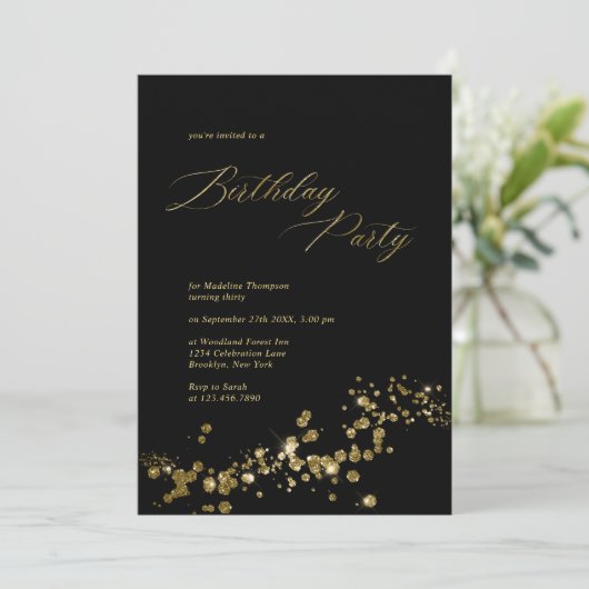 黒エレガント金ゴールドダスト紙吹雪大人誕生日 招待状 (スタンド正面)