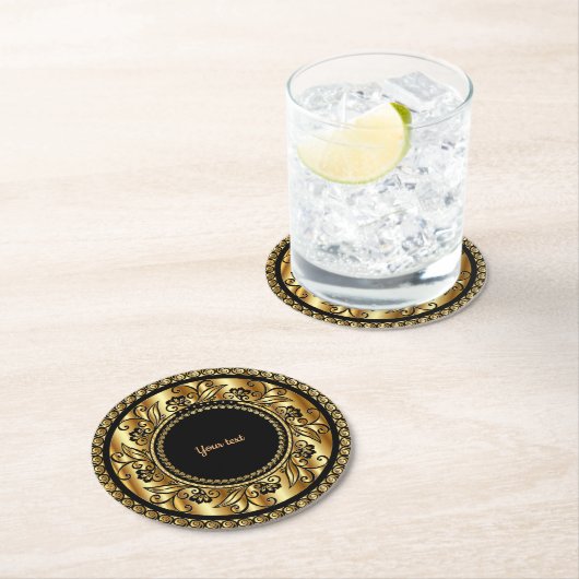 黒エレガント金ゴールドテンプレート ラウンドペーパーコースター (インサイチュ)