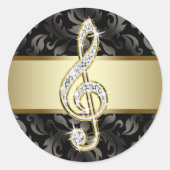 黒エレガント金ゴールドトレブルクレフ、 音符記号シール ラウンドシール (正面)