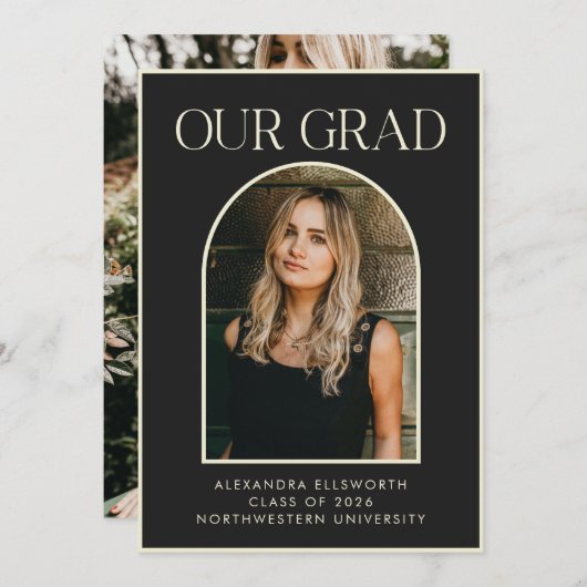 黒エレガント金ゴールドトレンディーアーチ写真卒業 案内状 (正面/裏面)