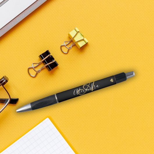 黒エレガント金ゴールドハートスクリプト名Monogram Blac ボールペン