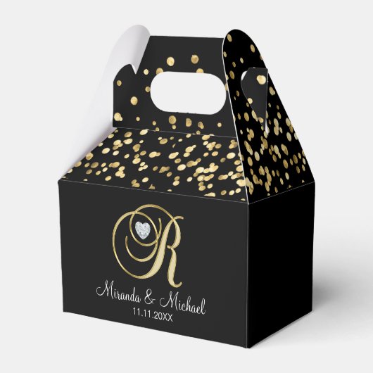 黒エレガント金ゴールドハートモノグラム結婚Rの贈り物 フェイバーボックス (裏面サイド)