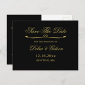 黒エレガント金ゴールドハート結婚式の日付を保存 案内ポストカード (正面/裏面)