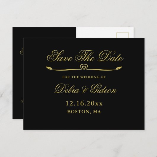 黒エレガント金ゴールドハート結婚式の日付を保存 案内ポストカード (正面/裏面)