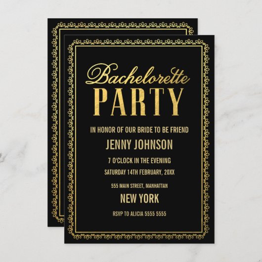 黒エレガント金ゴールドバチェロレッテ招待状 招待状 (正面/裏面)