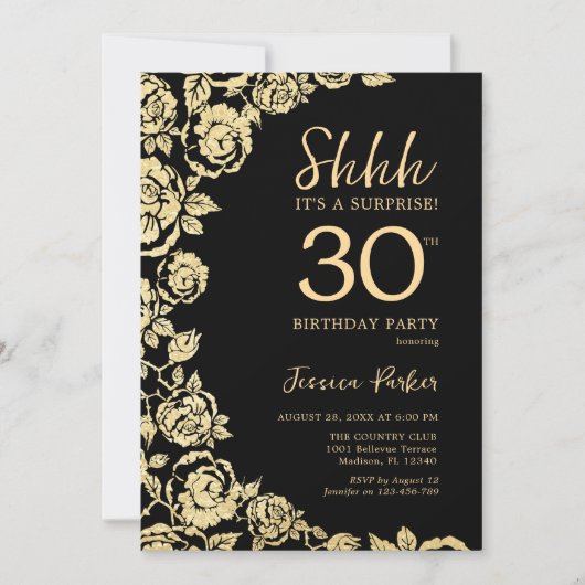 黒エレガント金ゴールドバラサプライズ30歳の誕生日 招待状 (正面)