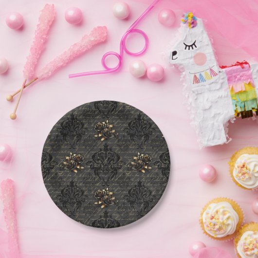 黒エレガント金ゴールドバラダマスクゴシック ペーパープレート (パーティー)