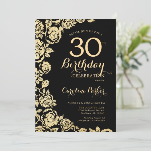 黒エレガント金ゴールドバラ30th誕生日パーティー 招待状 (スタンド正面)