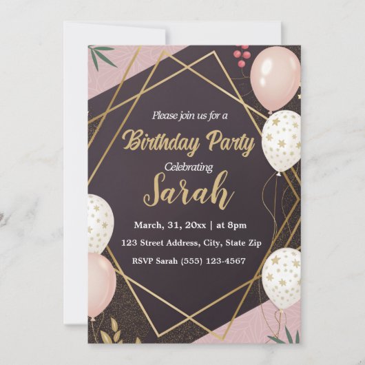 黒エレガント金ゴールドバルーンのピンクの誕生日 招待状 (正面)
