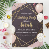 黒エレガント金ゴールドバルーンのピンクの誕生日 招待状