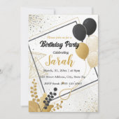 黒エレガント金ゴールドバルーン任意の年齢の誕生日 招待状 (正面)