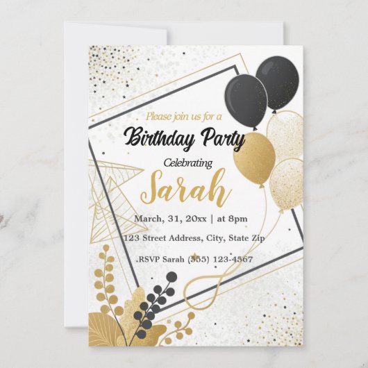 黒エレガント金ゴールドバルーン任意の年齢の誕生日 招待状 (正面)