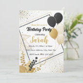 黒エレガント金ゴールドバルーン任意の年齢の誕生日 招待状 (スタンド正面)