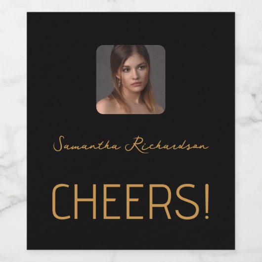 黒エレガント金ゴールドパーソナライズされた写真名スクリプト ワインラベル (シングルラベル)