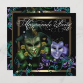 黒エレガント金ゴールドパープルマスカレードパーティー 招待状 (正面/裏面)