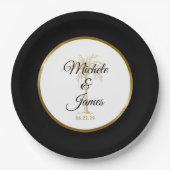 黒エレガント金ゴールドパームモダン結婚ツリー ペーパープレート (正面)